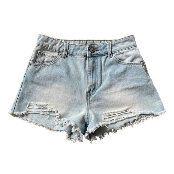 Rewash Pants - Rewash High-Rise Distressed Denim Shorts | Light Wash, Frayed Hem, Size 1 (25)